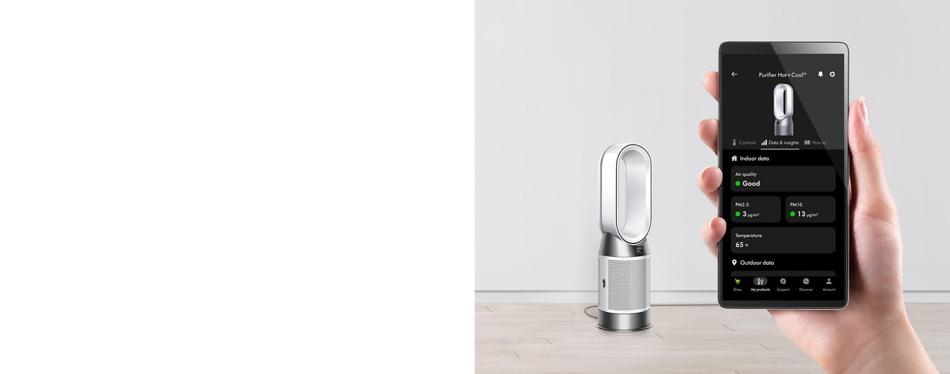The Dyson Purifier Hot+Cool HP1 air purifier being controlled via the MyDyson app on phone.