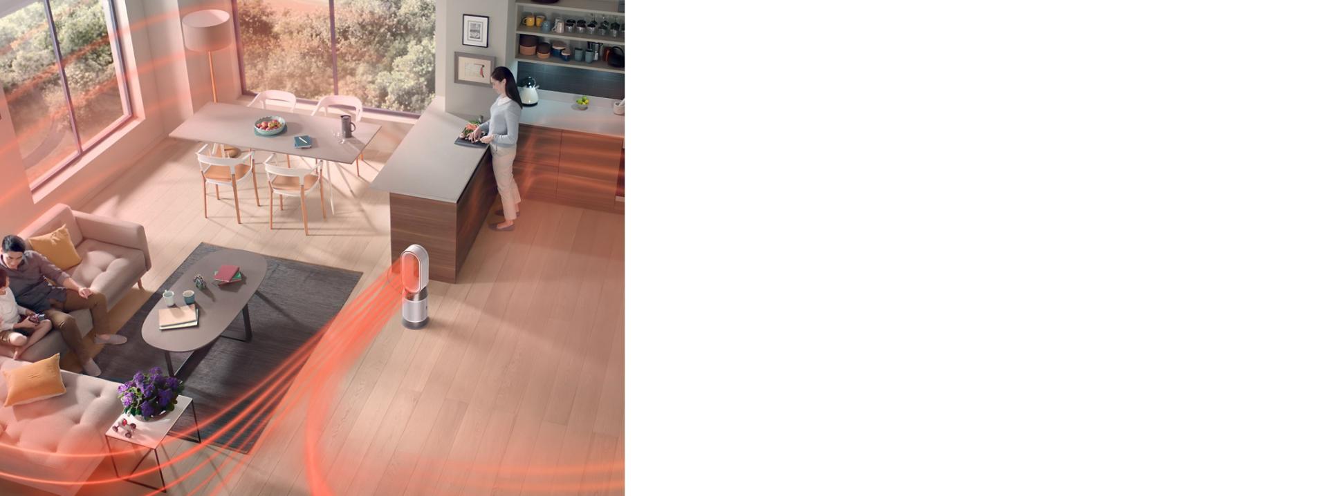 The Dyson Purifier Hot+Cool HP1 purifying and heating air in a large room.