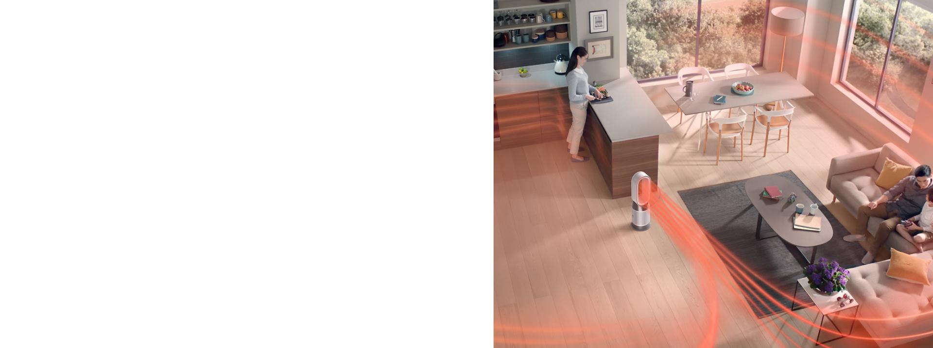 Geniş bir odanın havasını temizleyen ve ısıtan Dyson Purifier Hot+Cool HP1.