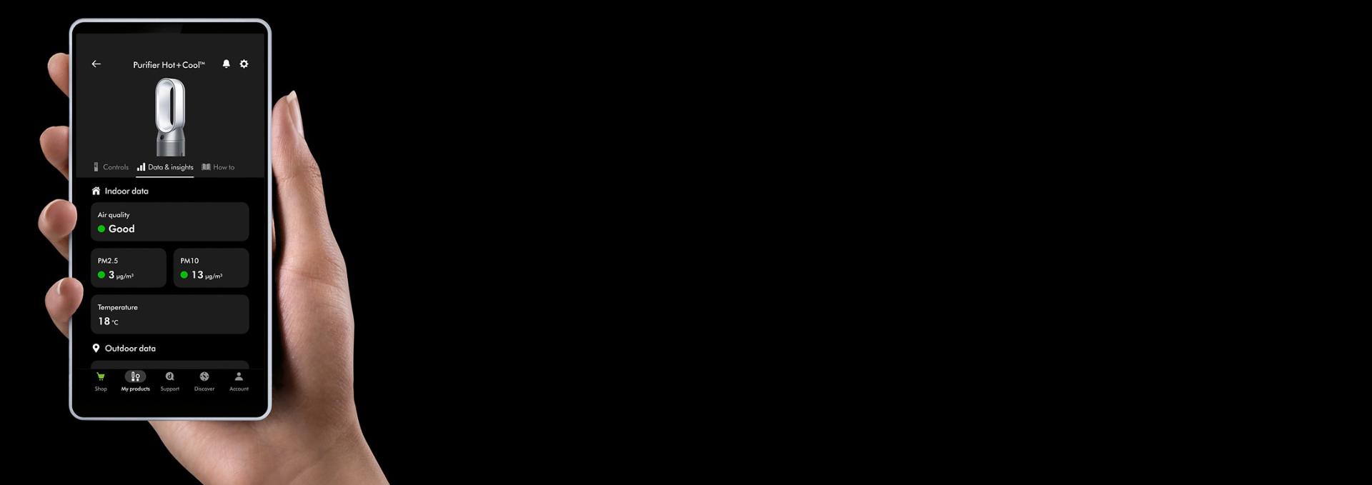 جهاز Dyson Purifier Cool PC1 بينما يظهر على شاشة تطبيق MyDyson.