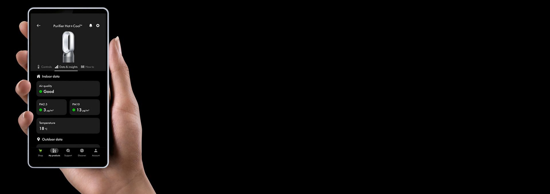 جهاز Dyson Purifier Cool PC1 بينما يظهر على شاشة تطبيق MyDyson.