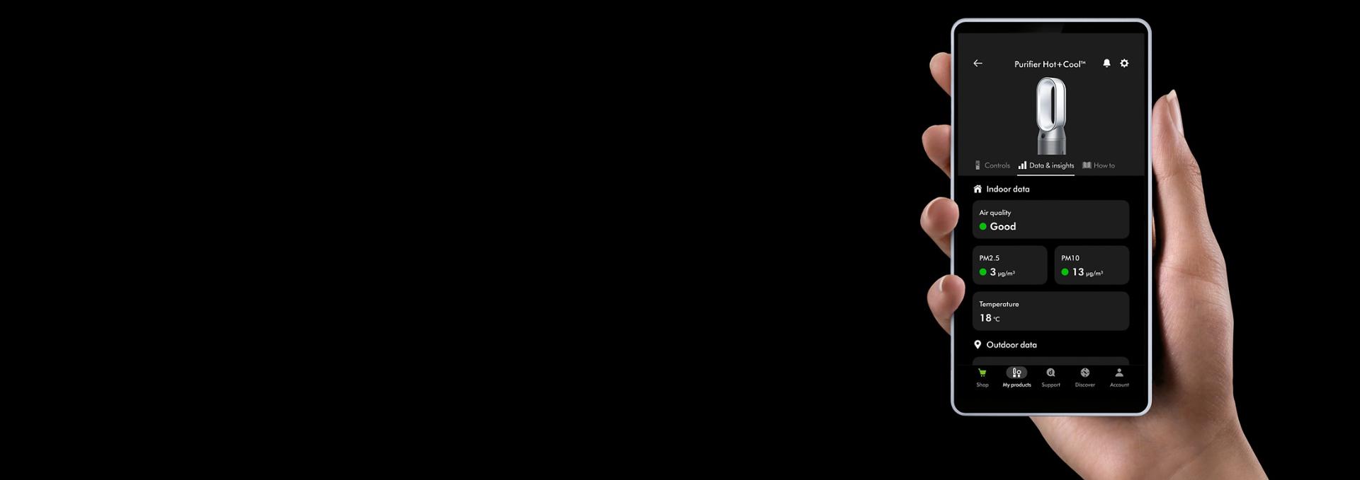 A Dyson Purifier Hot+Cool HP1 on the MyDyson app.