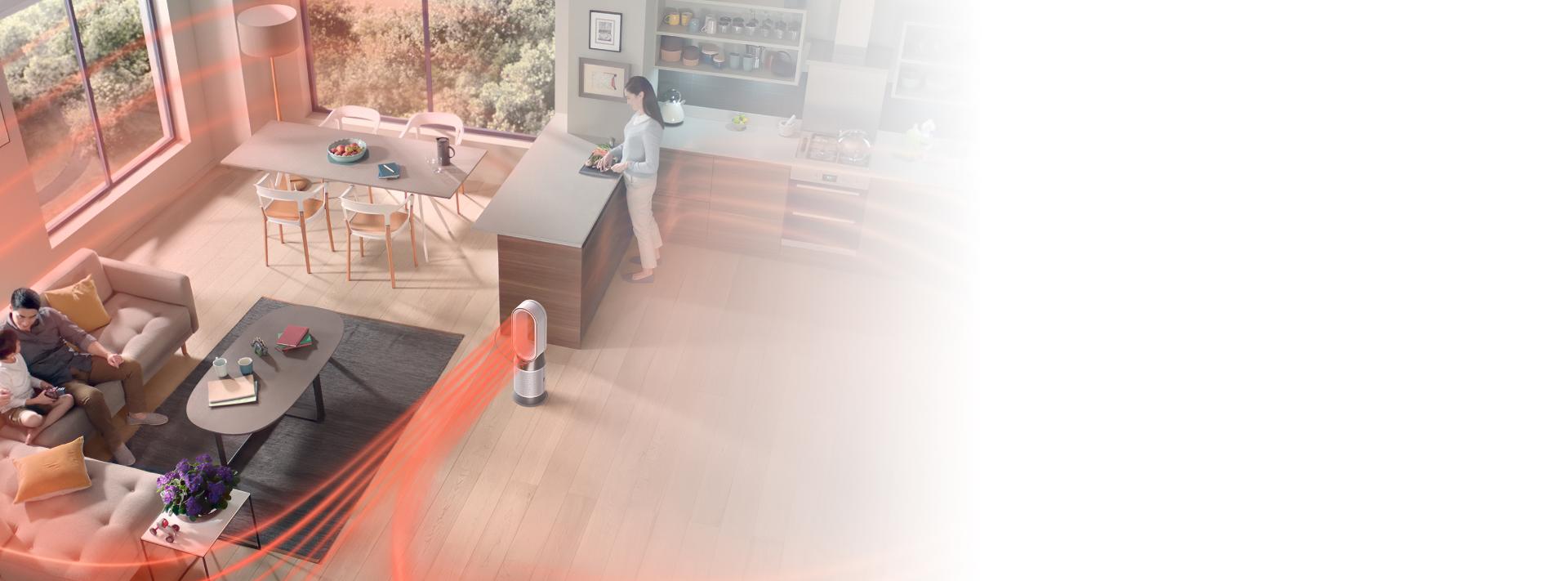 جهاز تنقية الهواء Dyson Purifier Cool HP1 بينما يقوم بتنقية الجو وتدفئة الهواء في غرفة كبيرة.