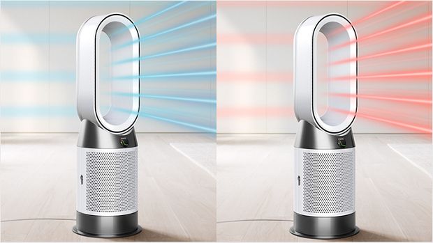 جهاز Dyson Purifier Cool PC1 بينما يضخ نسيماً بارداً مع هواء مُنقّى في غرفة معيشة.
