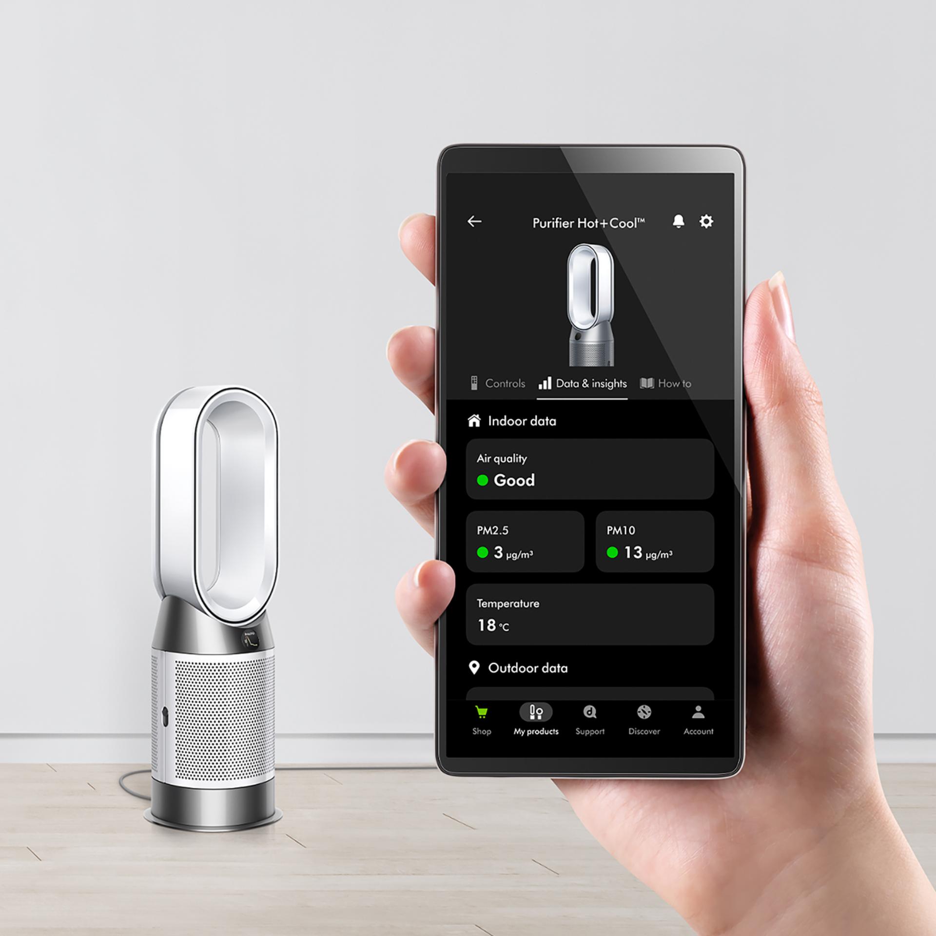 A Dyson Purifier Hot+Cool HP1 on the MyDyson app being controlled remotely with the MyDyson app.