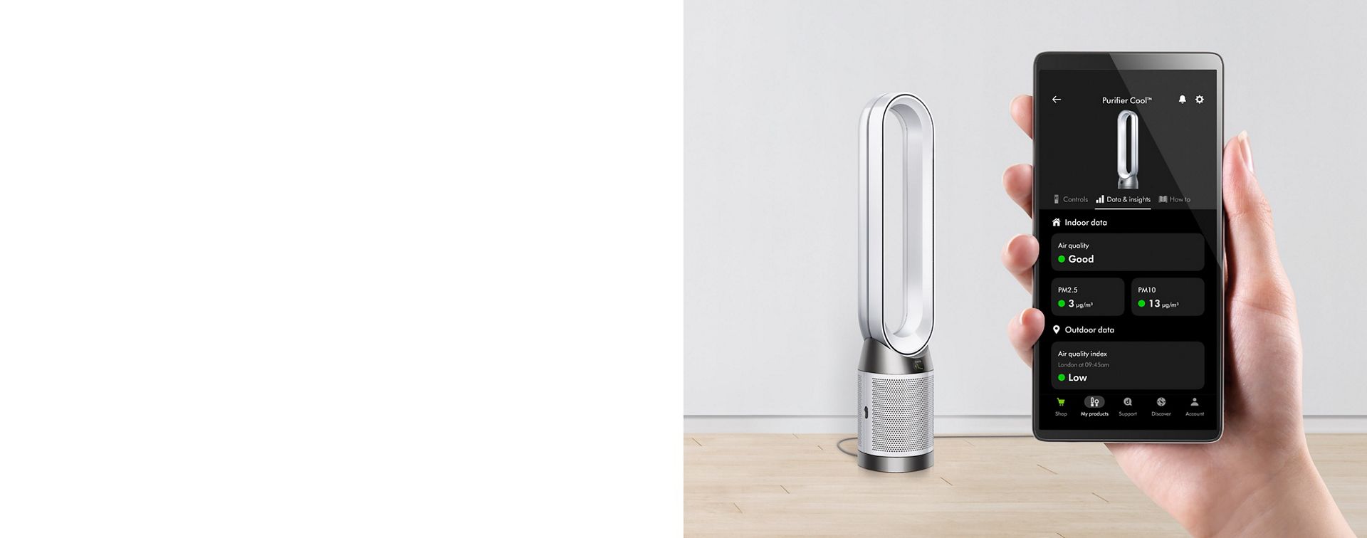 The Dyson Purifier Cool PC1 air purifier being controlled via the MyDyson app on phone.