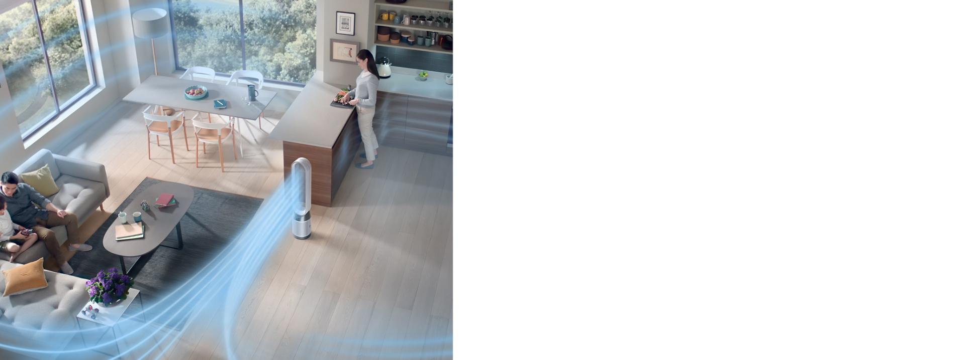 جهاز Dyson Purifier Cool PC1 يُنقّي الهواء في الغرفة بينما يضخ نسيماً بارداً.