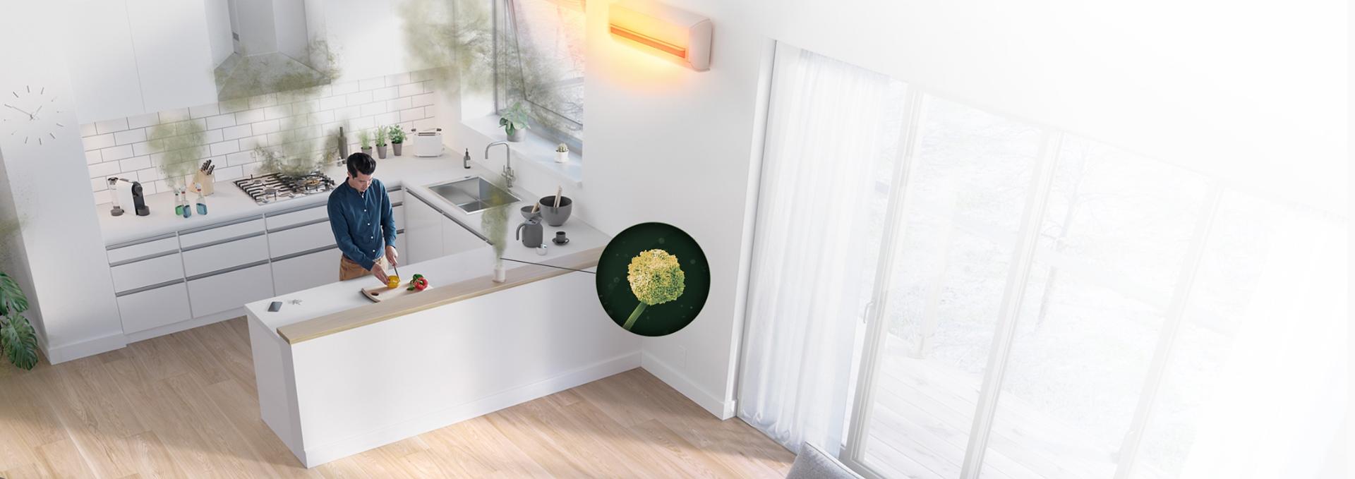 جهاز تنقية الهواء Dyson Purifier Cool PC1 بينما يعمل على تقليل العفن في أحد المطابخ.
