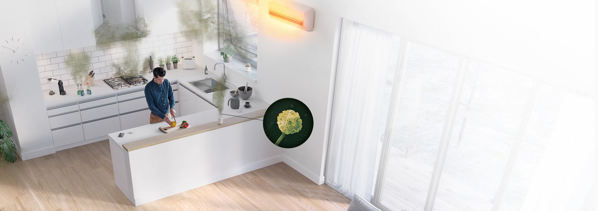 جهاز تنقية الهواء Dyson Purifier Cool PC1 بينما يعمل على تقليل العفن في أحد المطابخ.