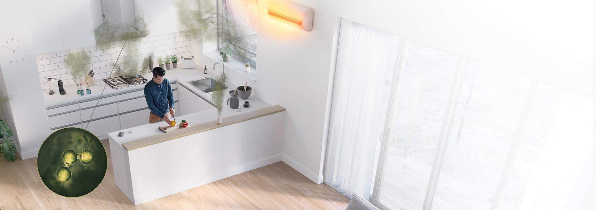 جهاز Dyson Purifier Cool PC1 بينما يقوم بإزالة الغازات من أحد المطابخ.