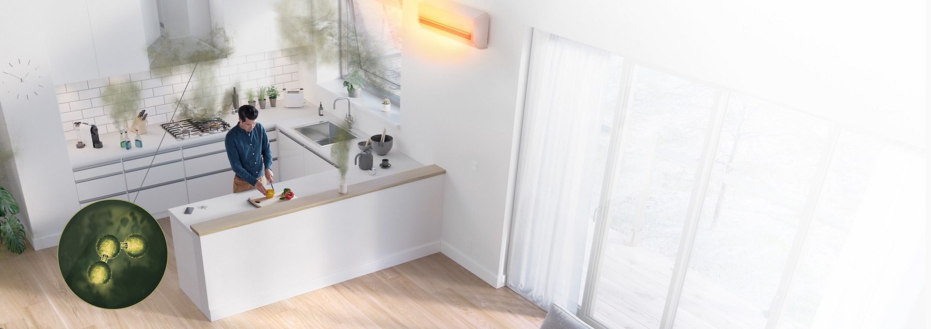 جهاز Dyson Purifier Cool PC1 بينما يقوم بإزالة الغازات من أحد المطابخ.
