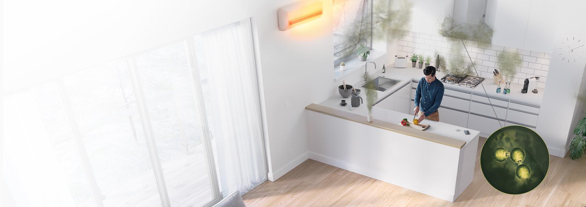 The Dyson Purifier Cool PC1 air purifier removing gas from a kitchen.