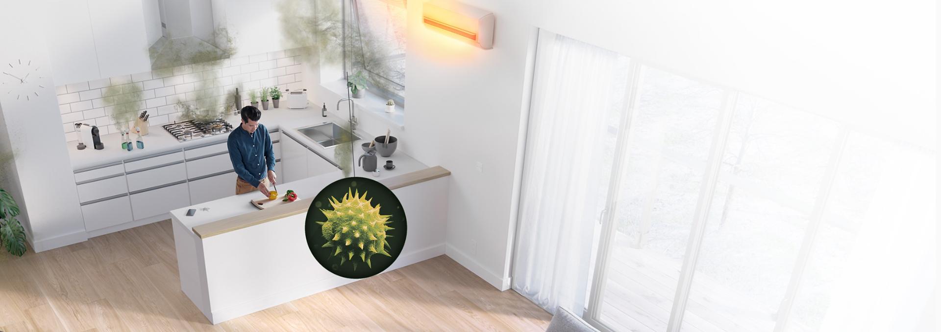 جهاز تنقية الهواء Dyson Purifier Cool PC1 بينما يعمل على تقليل غبار اللقاح في أحد المطابخ.