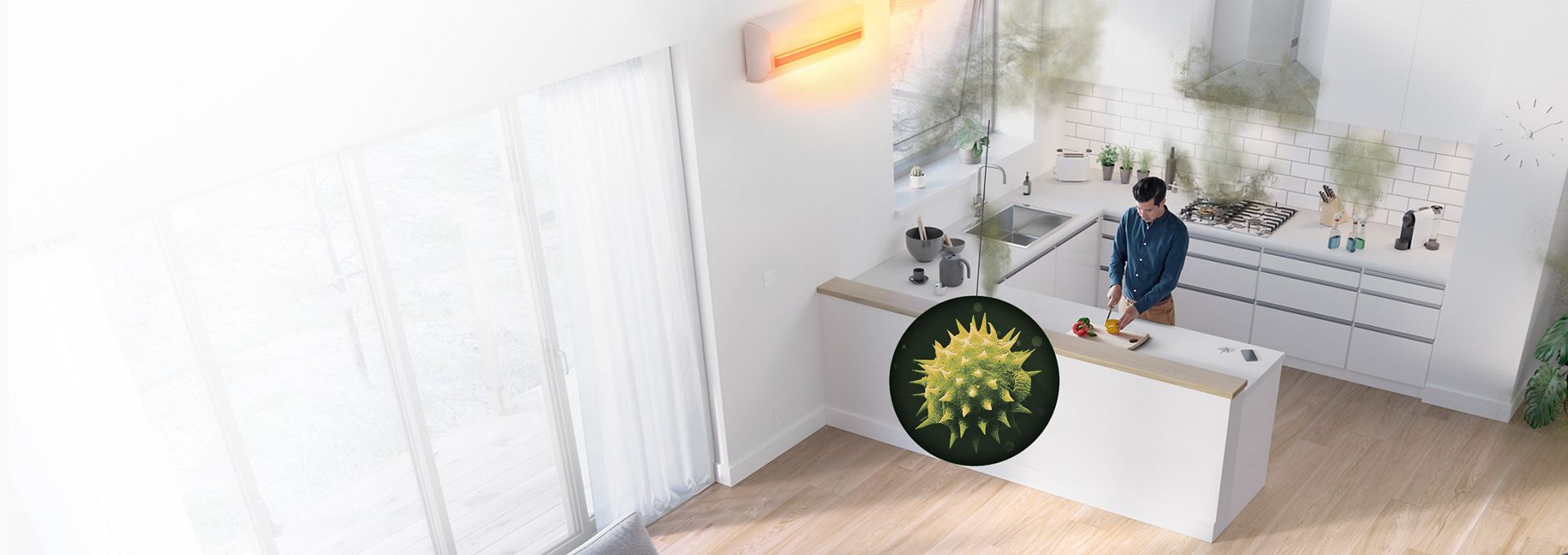 Dyson Purifier Cool PC1 gaisa attīrītājs, kas samazina ziedputekšņus virtuvē.
