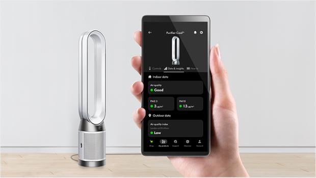 The Dyson Purifier Cool PC1 air purifier being controlled remotely via the MyDyson app.