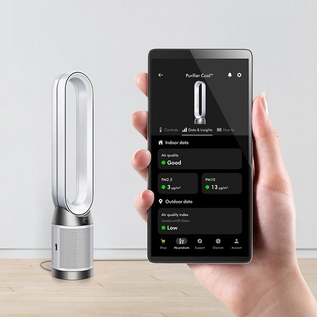 جهاز Dyson Purifier Cool PC1 على شاشة تطبيق MyDyson بينما يتم التحكم به عن بُعد باستخدام تطبيق MyDyson.