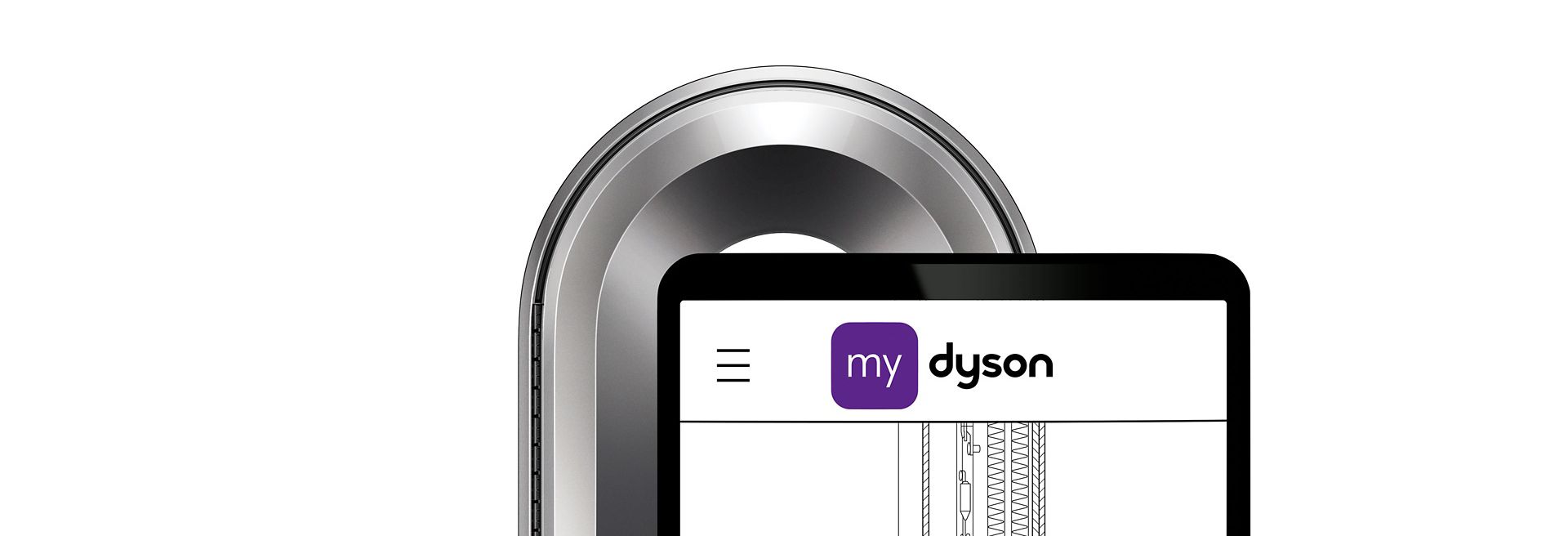 A mobile screen infront of a Dyson air purifier