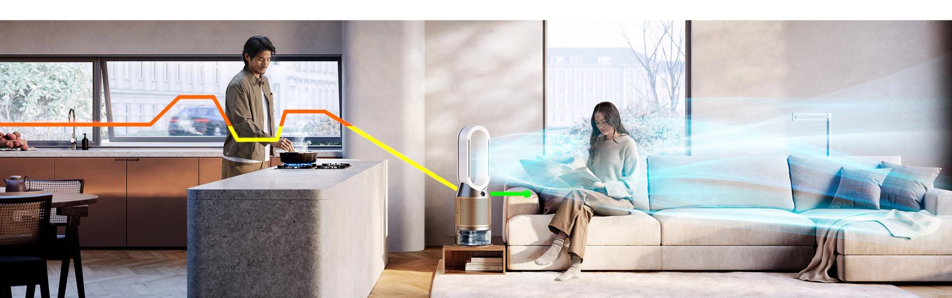 جهاز Dyson Purifier Humidify+Cool PH2 De-NOx في مساحة المعيشة.