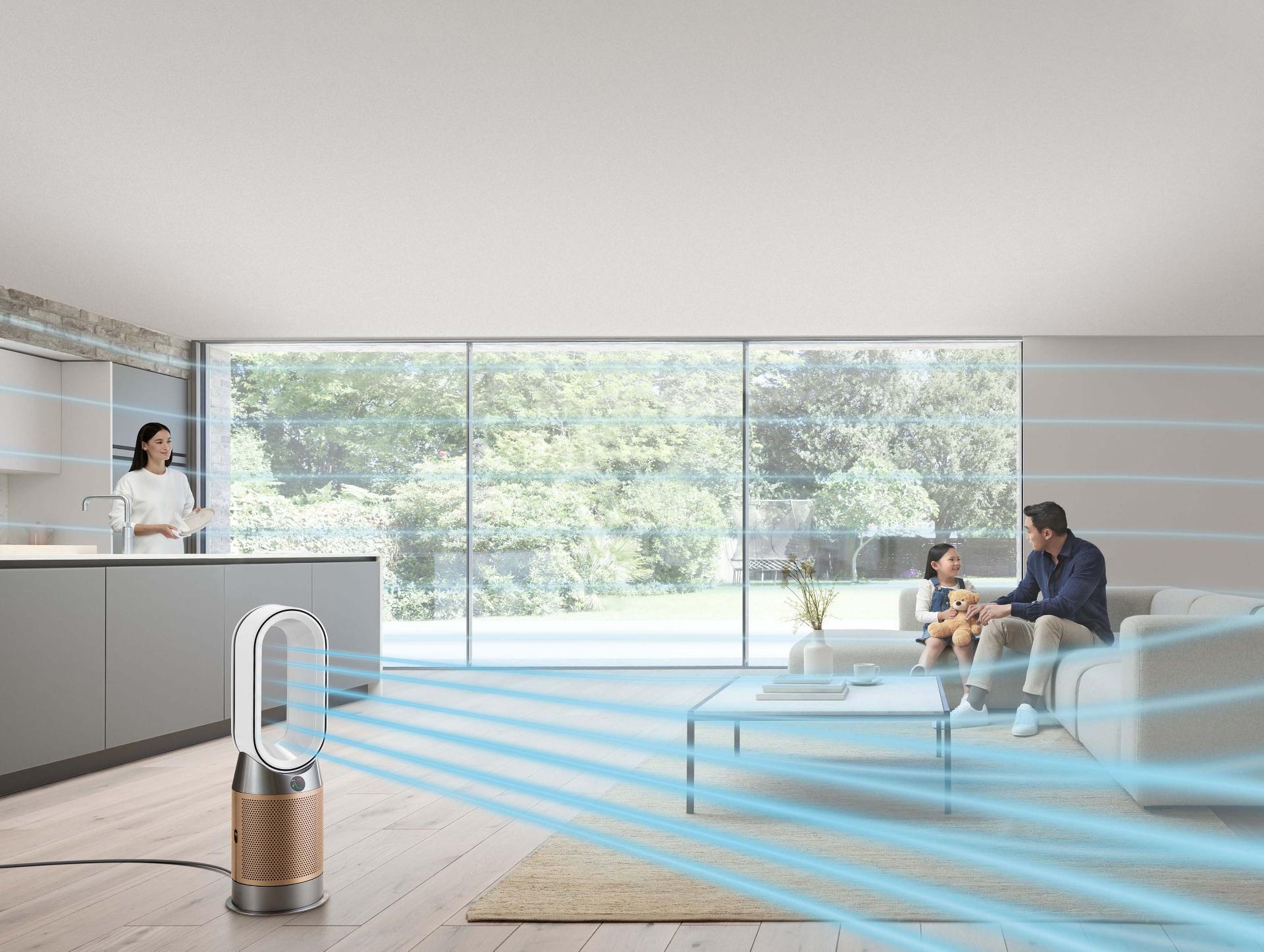 O aerotermă cu purificare a aerului care proiectează aer purificat într-un spațiu de locuit