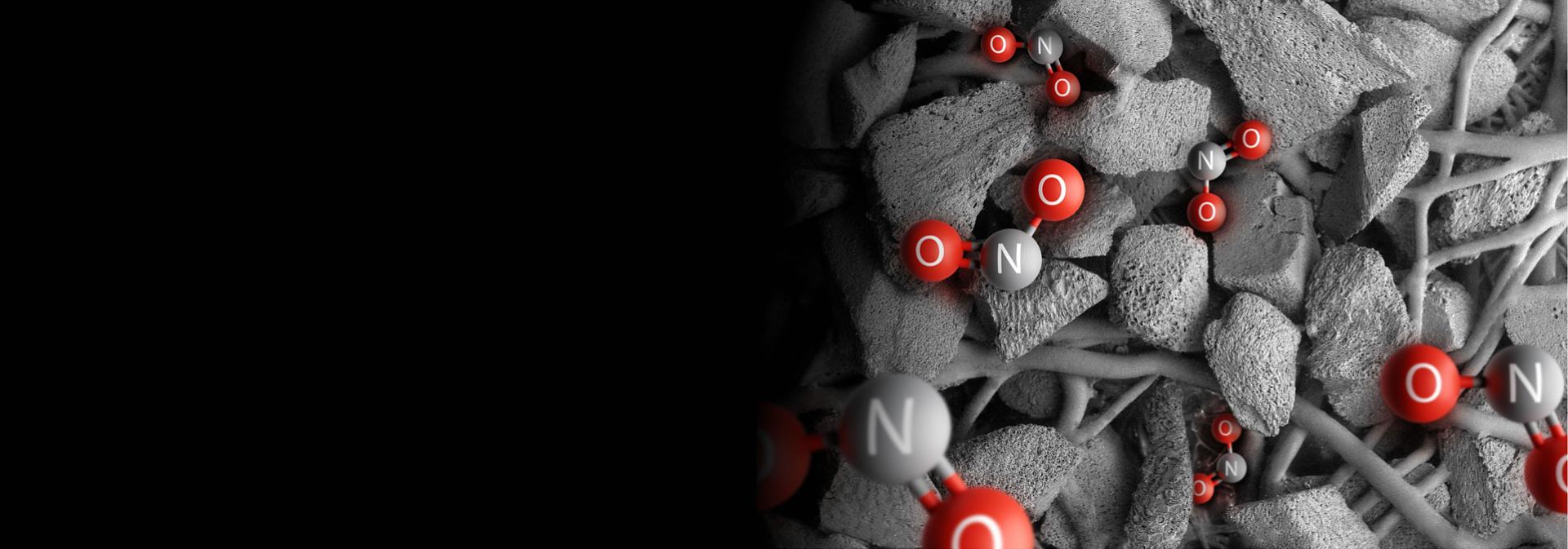 CGI rendering of nitrogen dioxide molecules being trapped in a purifier filter.