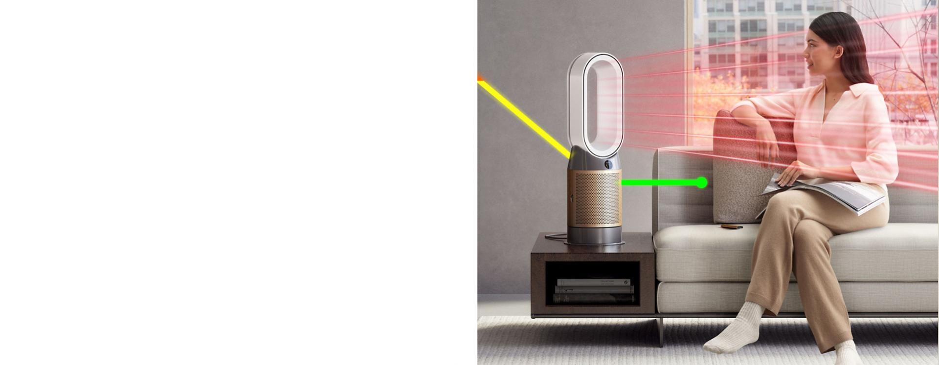 Dyson hava temizleyicisinin önünde kitap okuyan bir ürün sahibini ve ısıtılarak temizlenen hava akımını gösteren çizimler.