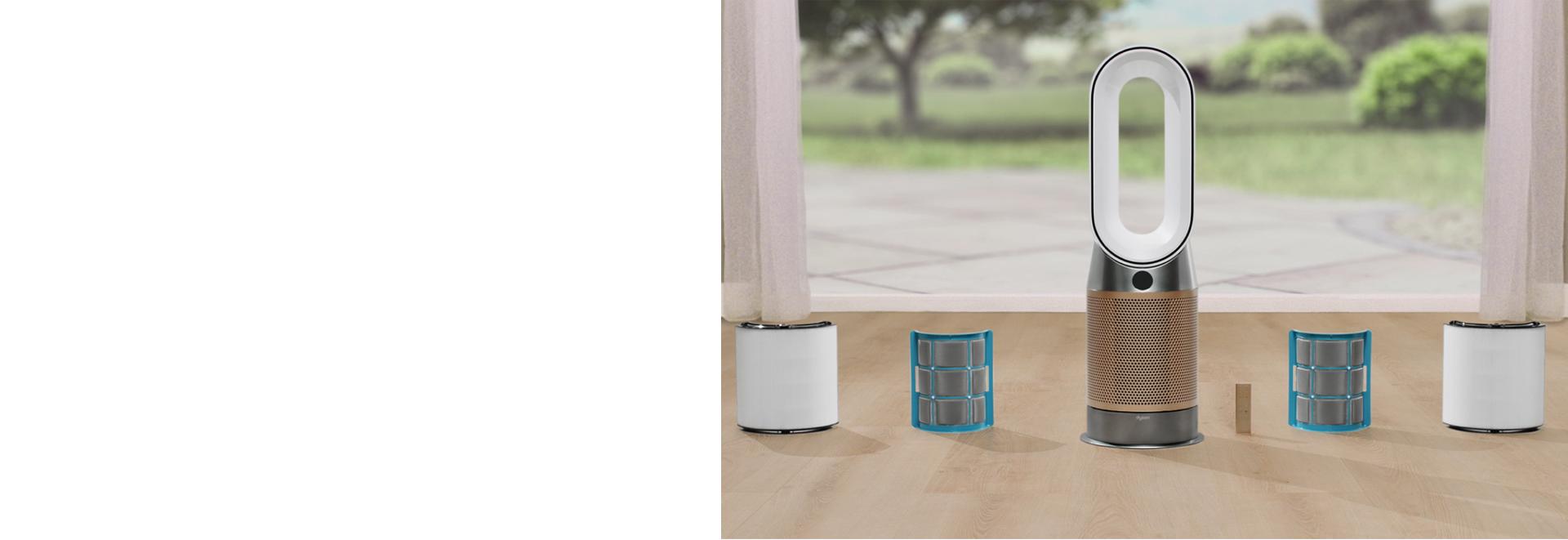 Gaisa attīrītājs sildītājs ar filtriem un tālvadības pulti līdzās.