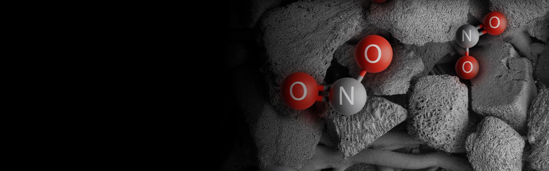 Computer generated NO2 molecules trapped in the K-Carbon filter.