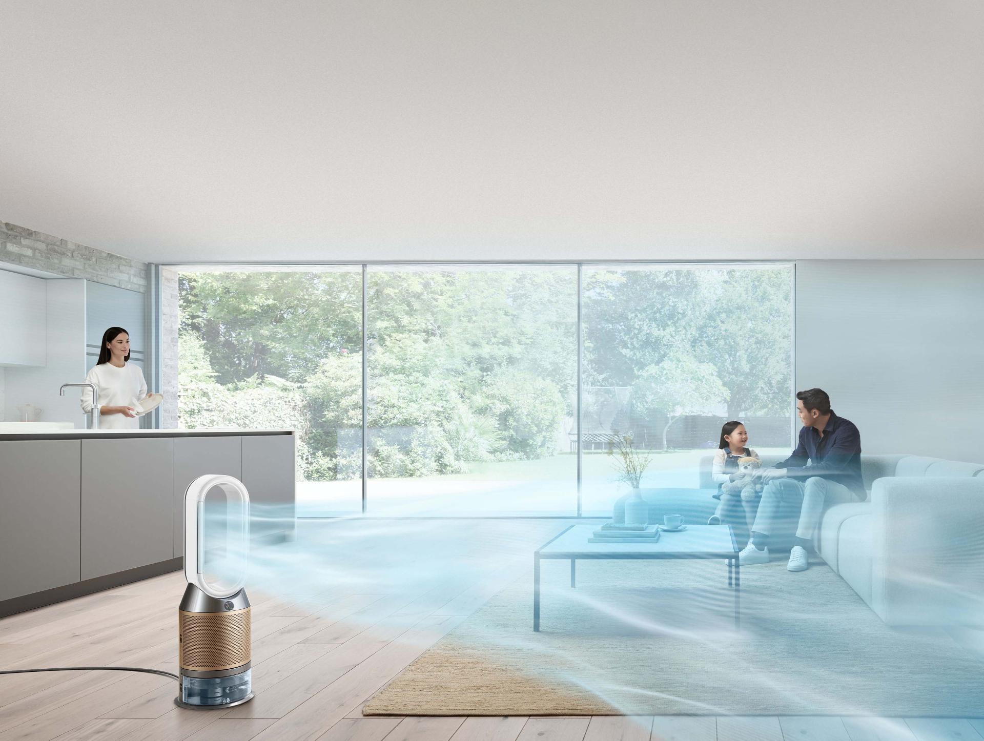 A purifier humidifier in a living space projecting humidified air