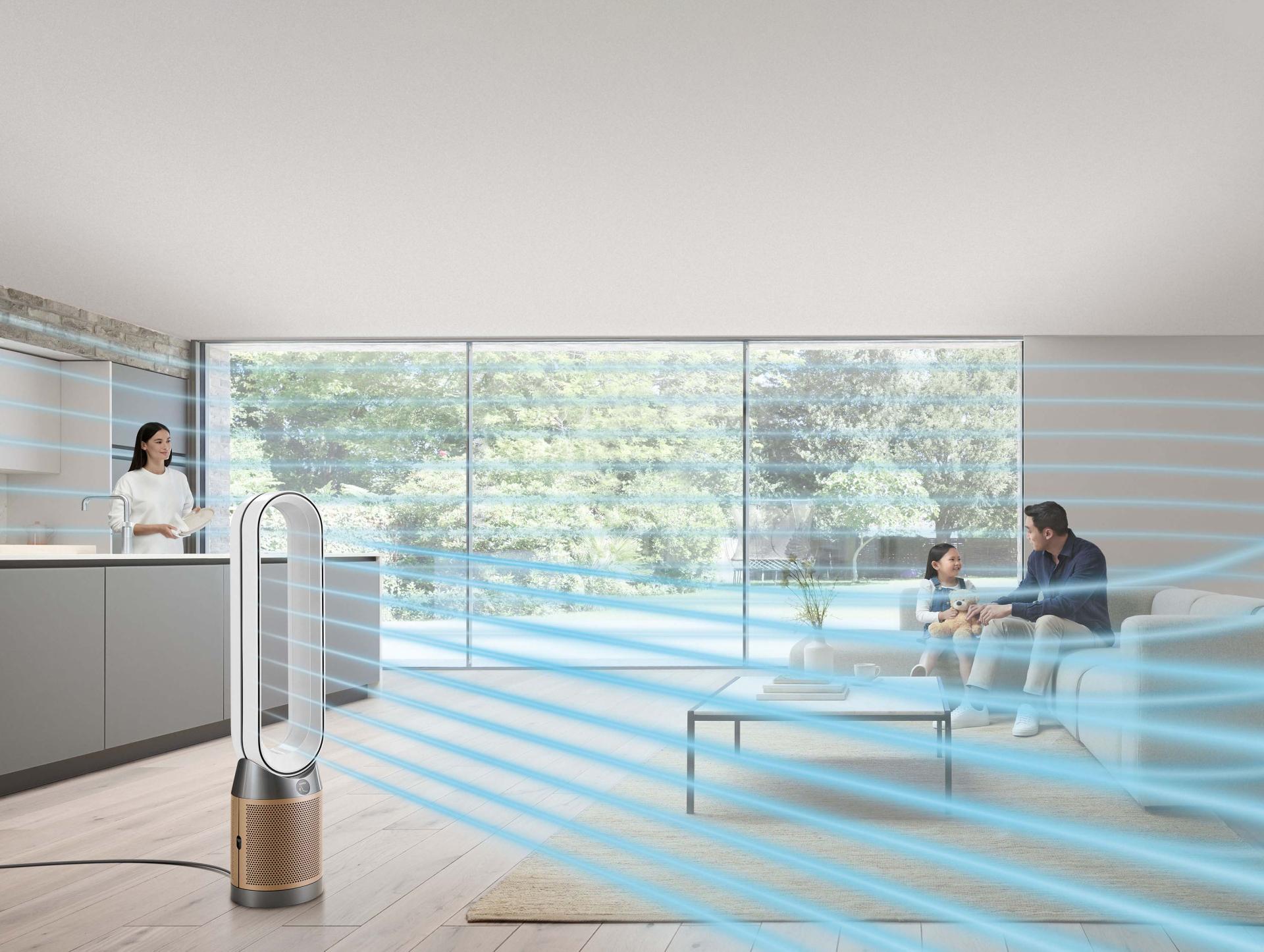 جهاز تنقية هواء في غرفة معيشة يَضخ هواءً مُنقَّى