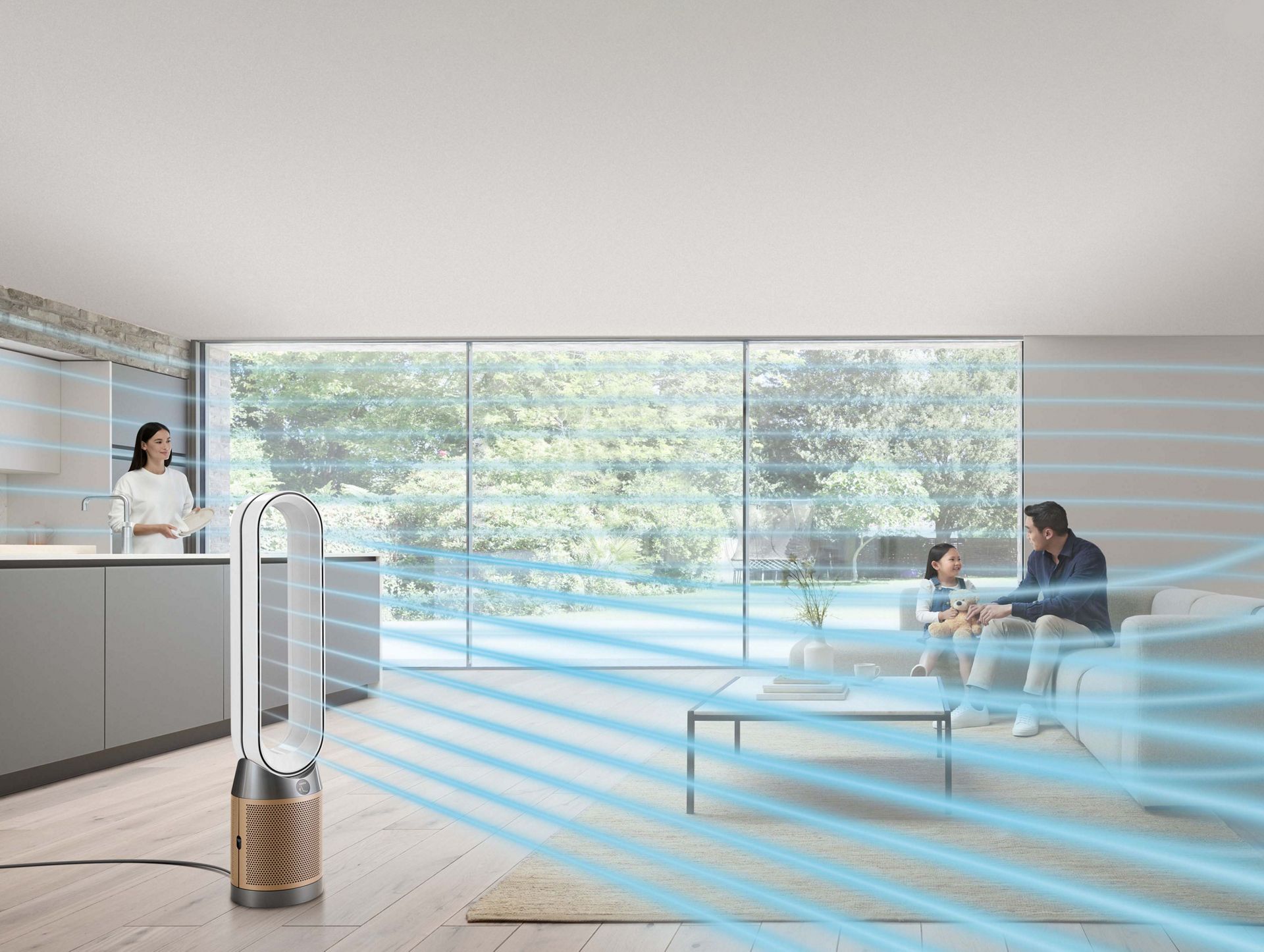 A purifier in a living space projecting purified air