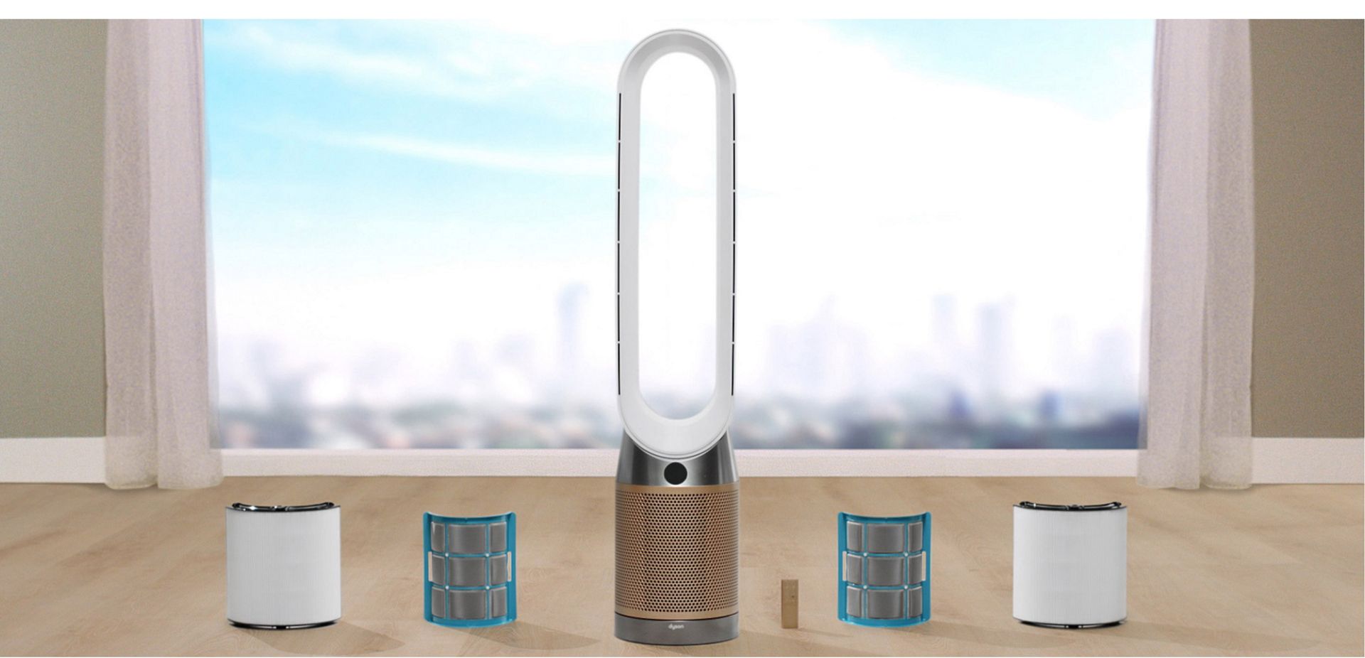 A purifier with the filters and remote alongside