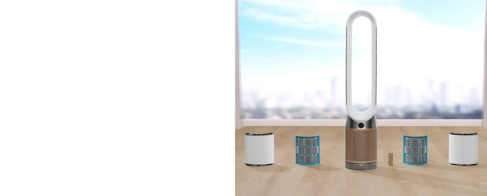 A purifier with the filters and remote alongside.