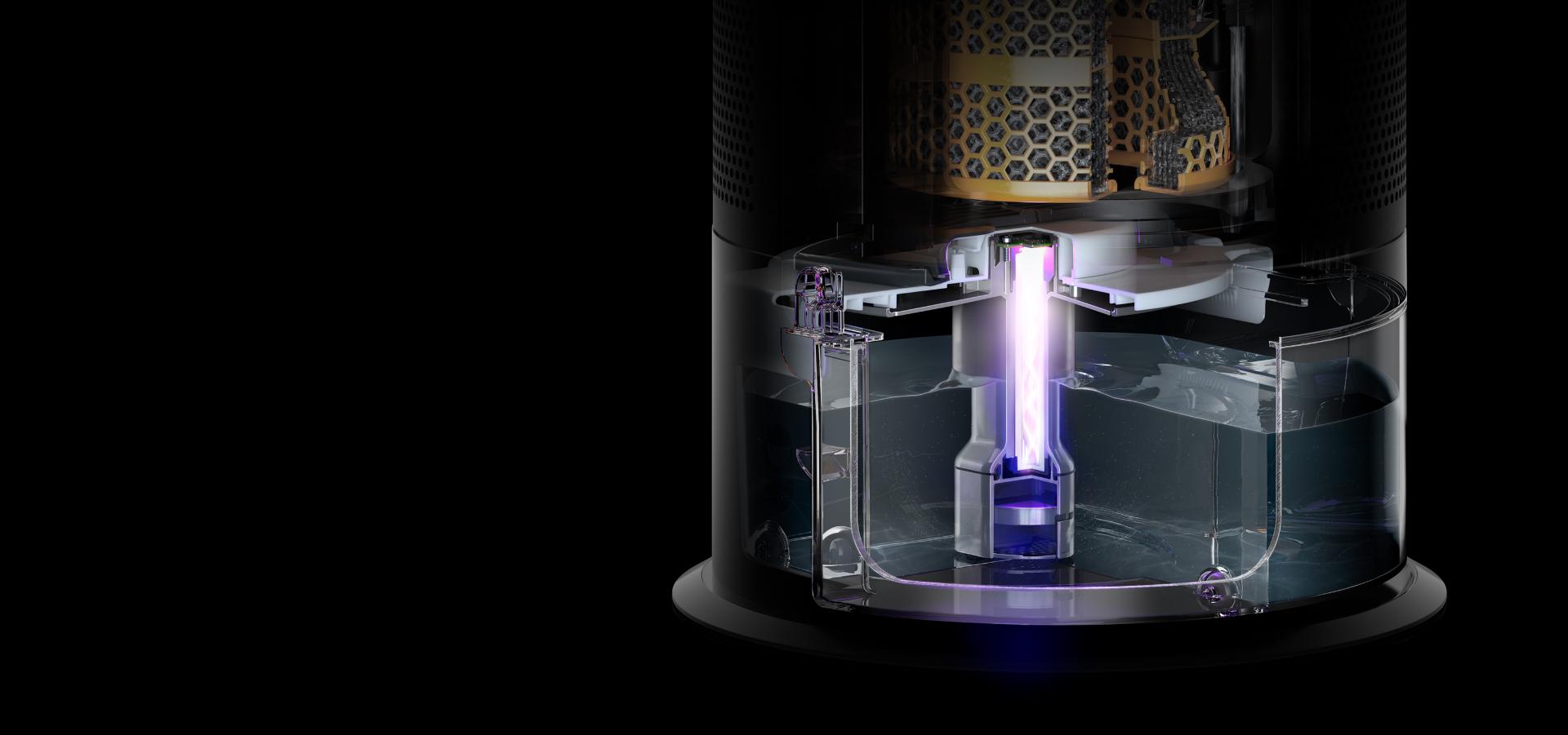 Inside the Dyson purifier humidifier's water tank, where a bright ultraviolet beam lights up the water