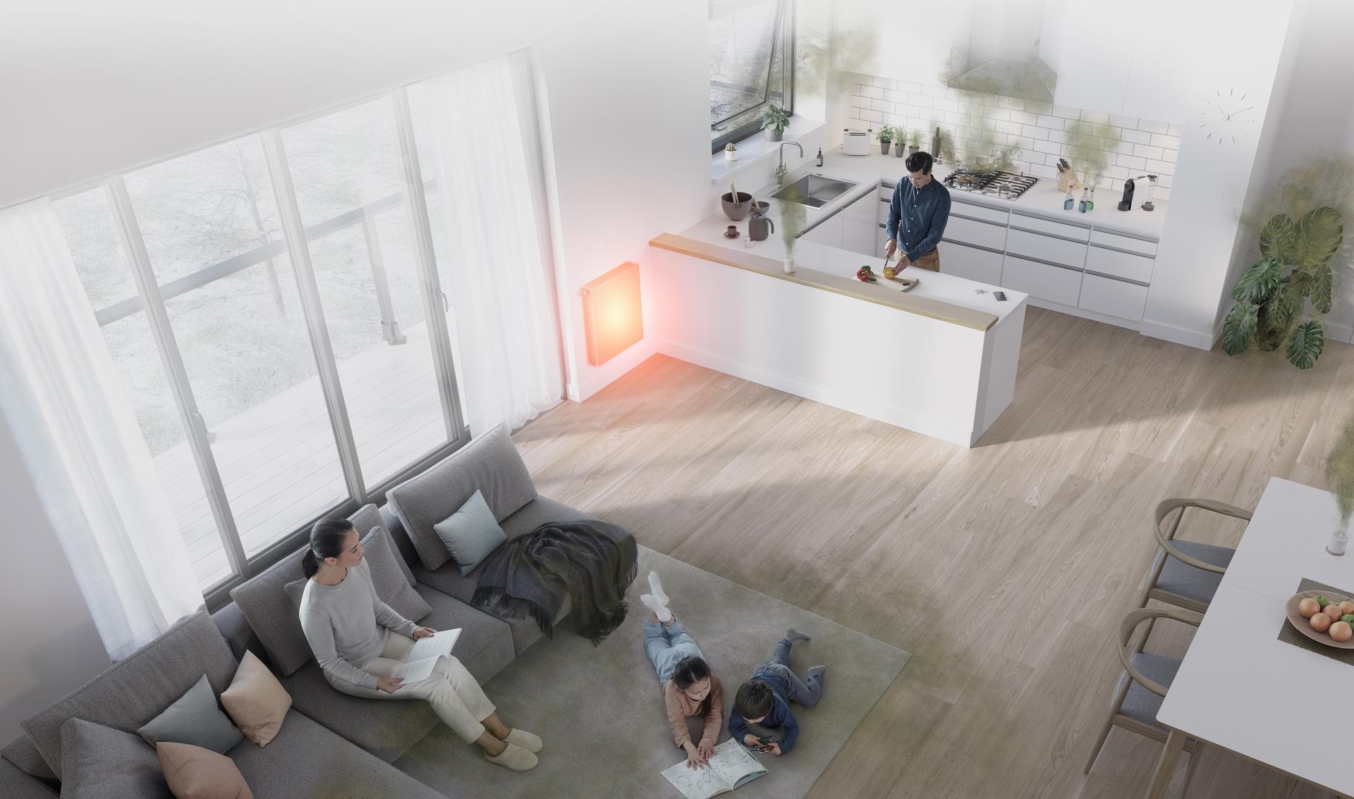 A generic home, in which everyday objects like furniture and the stove release pollutants represented by green plumes