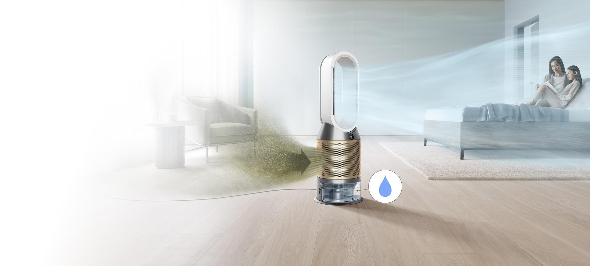 Dyson purifier humidifier in a living space, capturing pollutants and circulating purified air