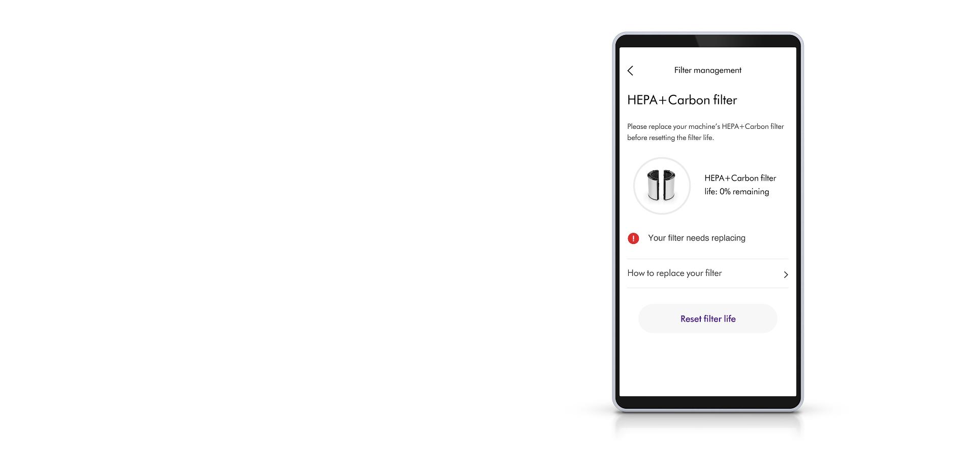 Close-up of filter replacement message