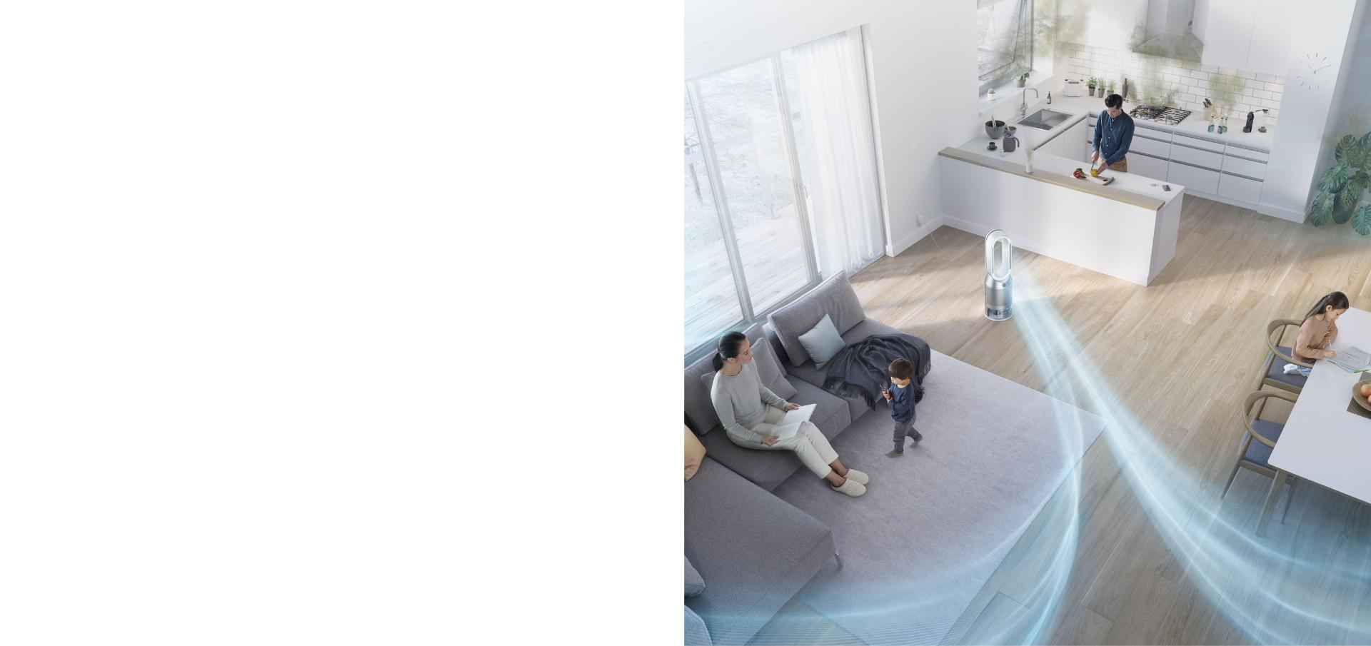 Aerial view of living space with the Dyson purifier humidifier