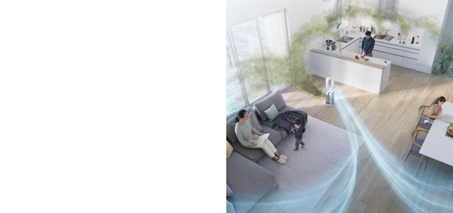 Aerial view of living space with the Dyson purifier humidifier