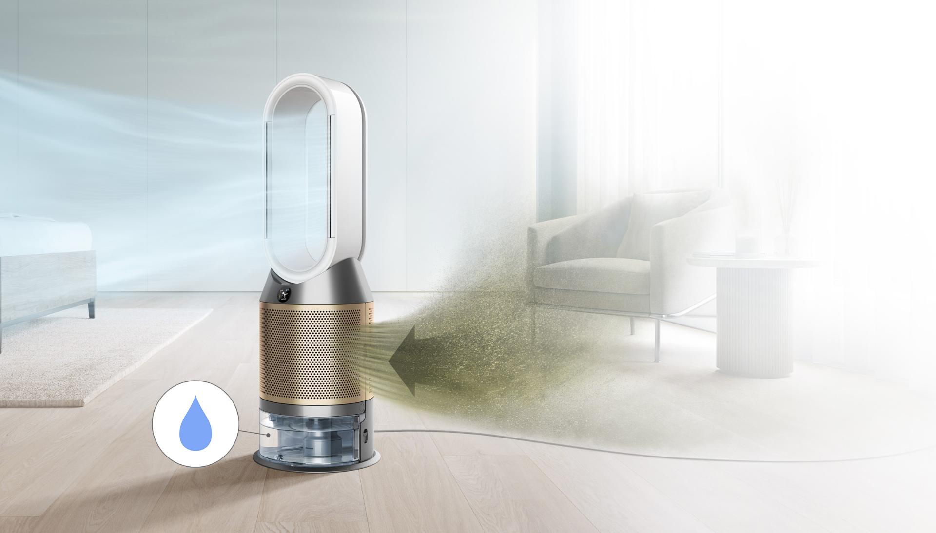 الملوثات بينما يتم التقاطها بواسطة مروحة دايسون المُنقِّية والمُرطِّبة وإخراج هواء مُنقَّى