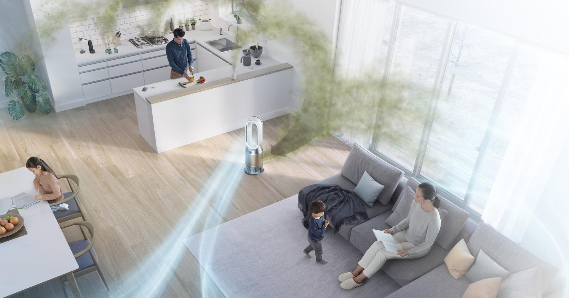 مشهد عُلوي لمنزل عائلي بينما يتم توزيع الهواء المُنقَّى في كل الأركان