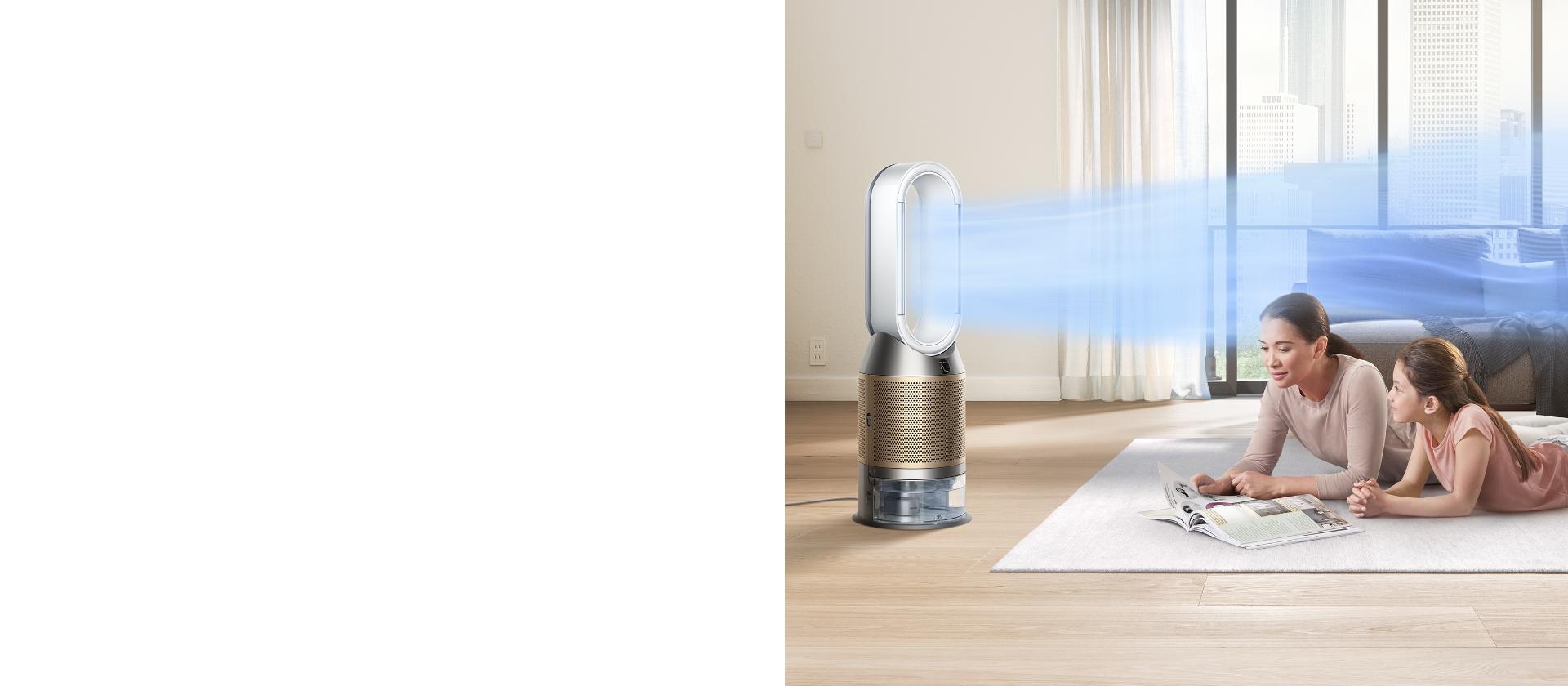 Family room with purifier humidifier projecting airflow