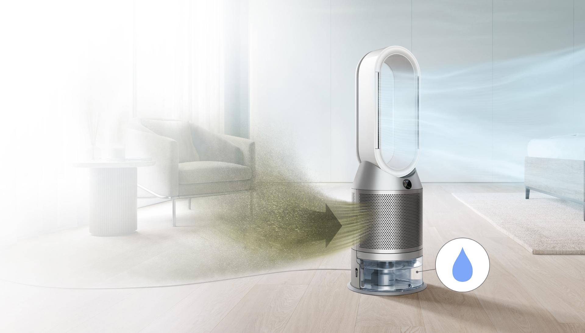 Dyson purifier humidifier in a living space, capturing pollutants and circulating purified air