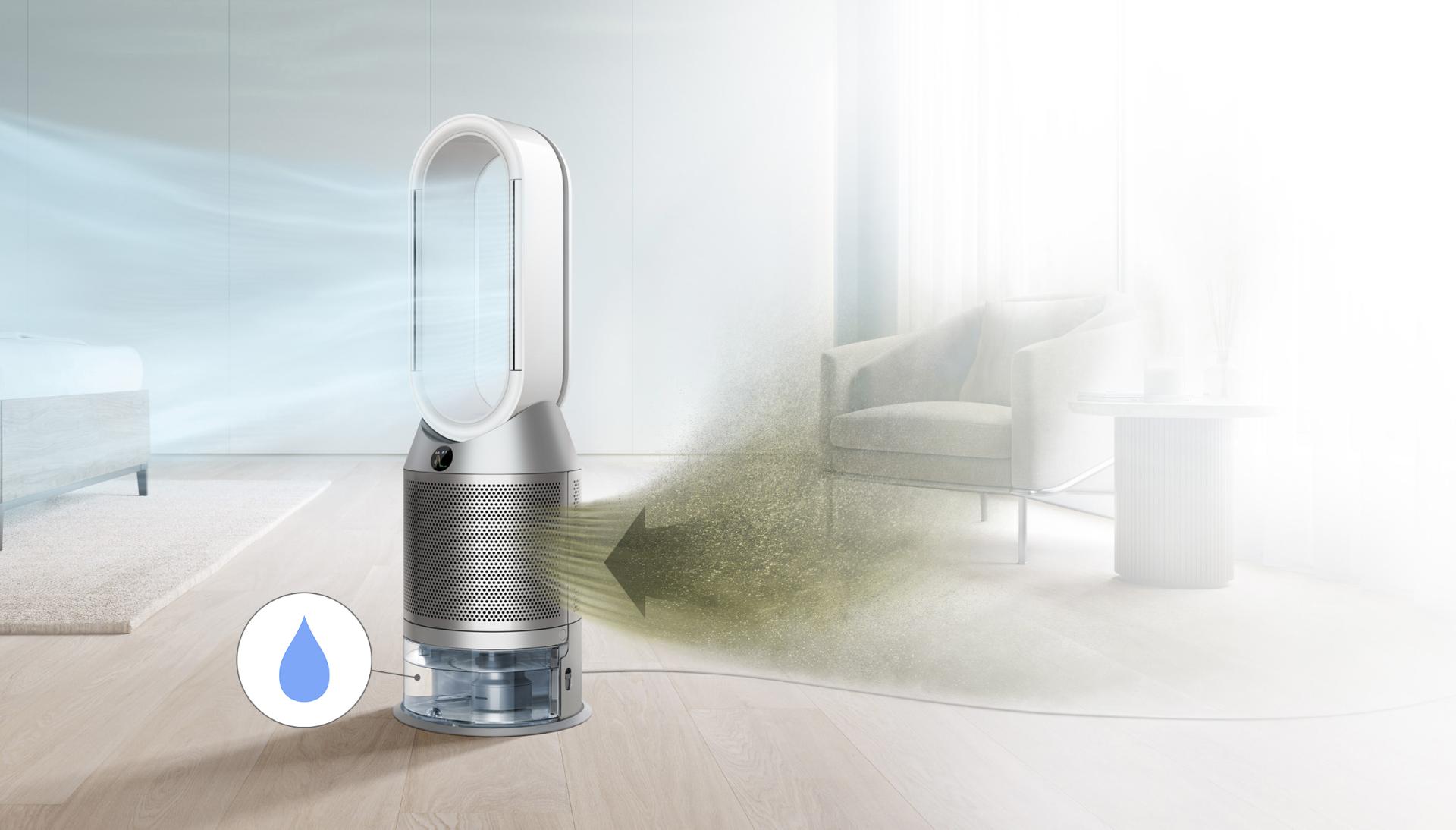 صورة لعملية التقاط الملوثات بواسطة مروحة دايسون المُنقِّية والمُرطِّبة وإخراج الهواء المُنقَّى