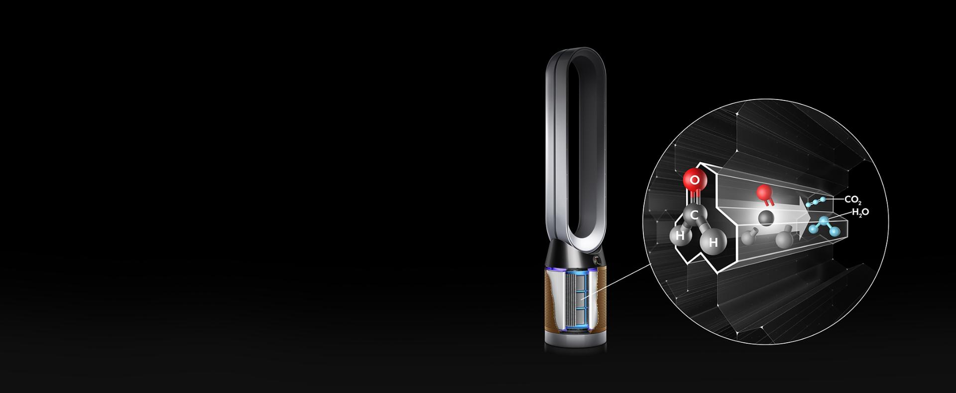 A Dyson Cryptomic purifier with an extreme close up of one of the nanoscopic tunnels inside the filter technology, destroying formaldehyde particles.