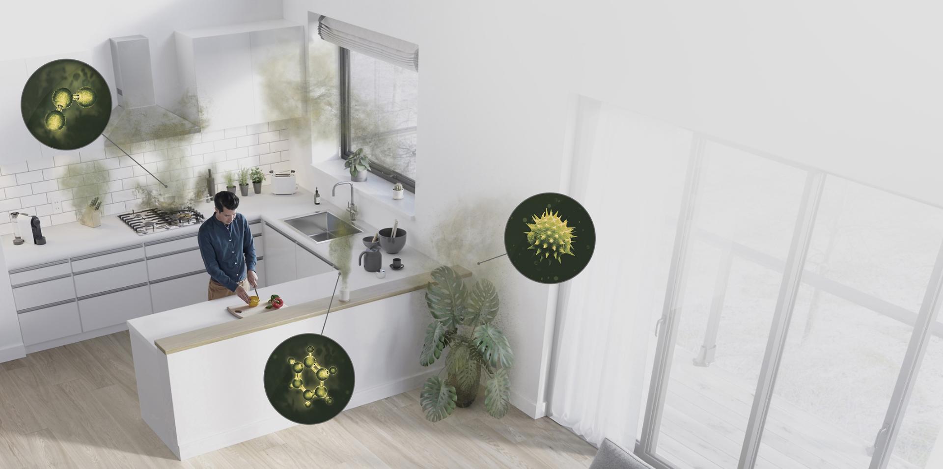 مصادر الملوثات في غرفة معيشة ومطبخ