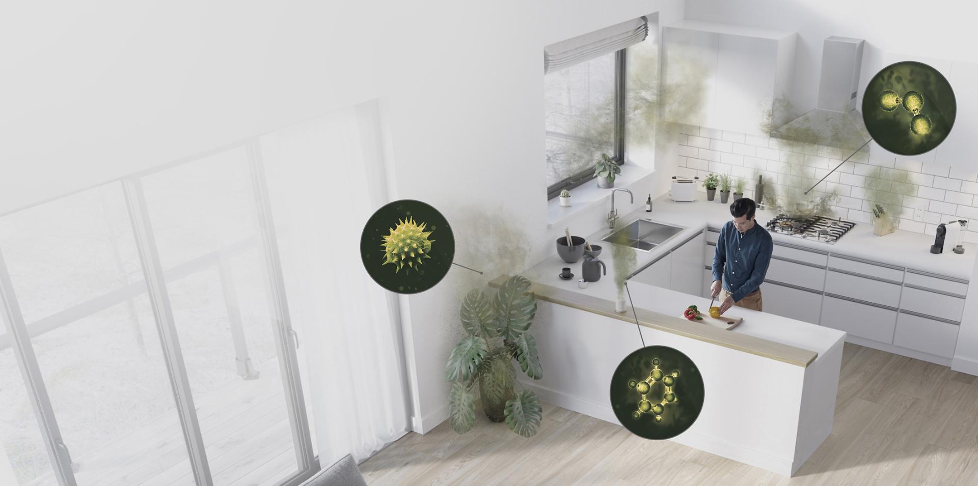 Pollutant sources in a living space and kitchen