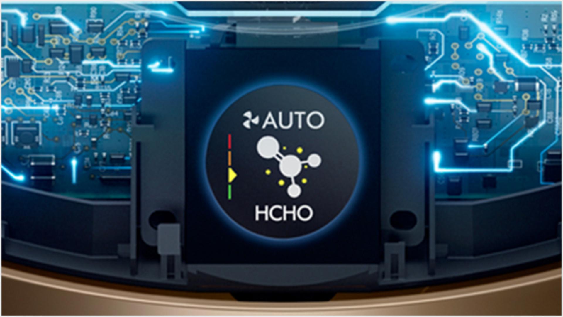 Wewnętrzna technologia wykrywania zanieczyszczeń i ekran LCD pokazujący jakość powietrza.