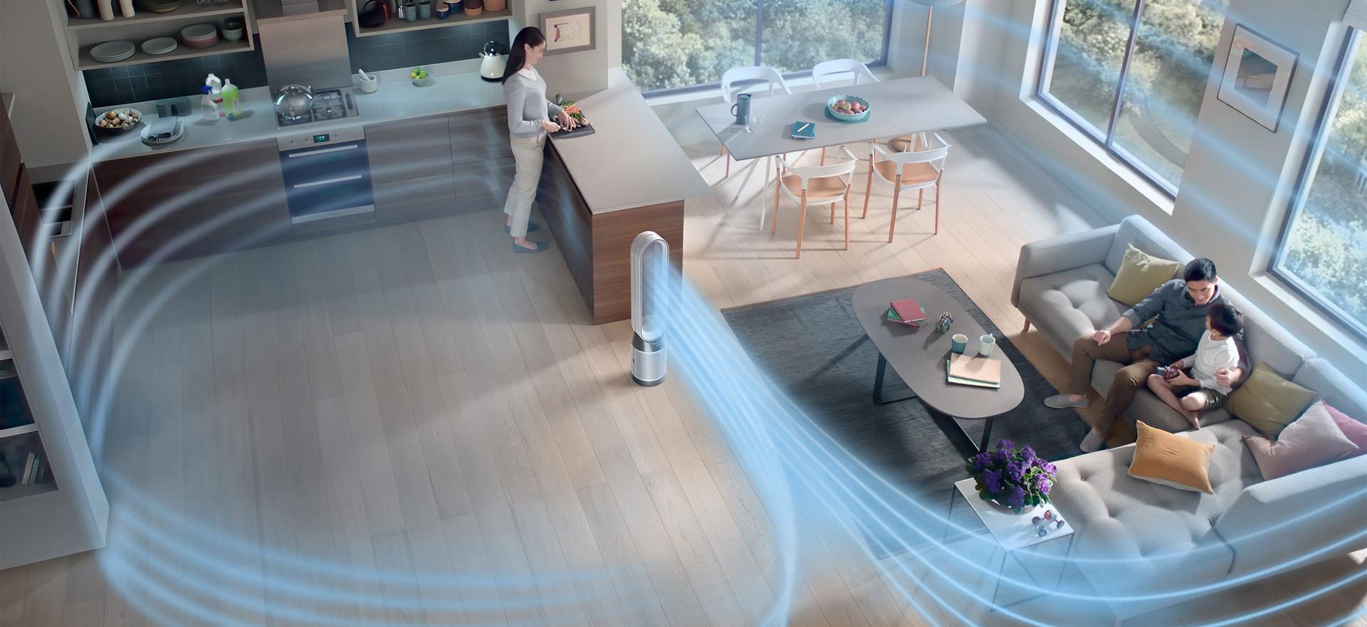 A Dyson purifier purifying a living space