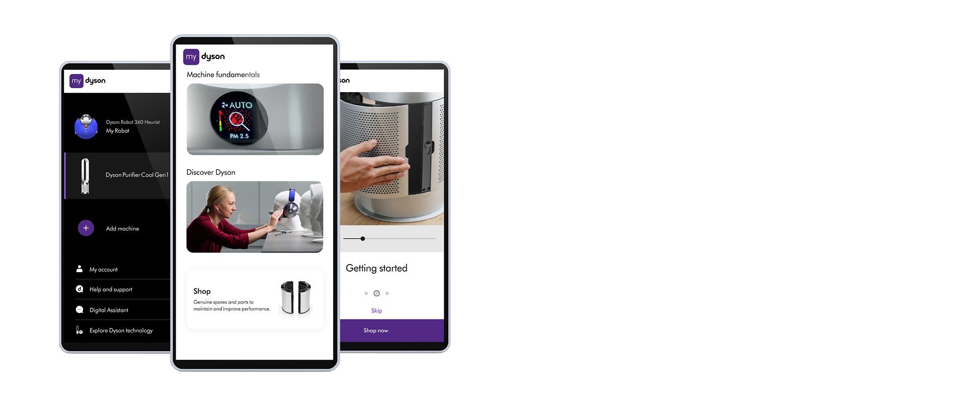 ثلاث شاشات هواتف محمولة تعرض الميزات المختلفة لتطبيق MyDyson