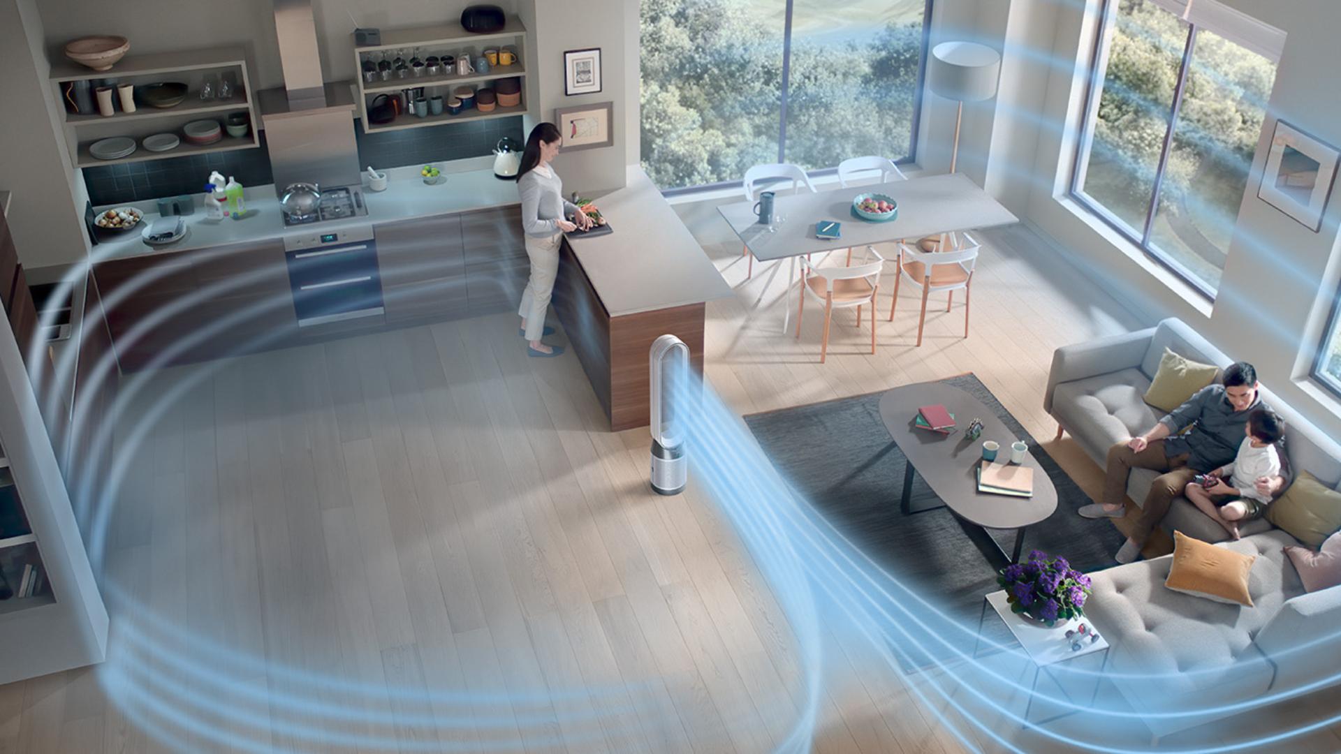 The airflow of a Dyson purifier purifying the whole room